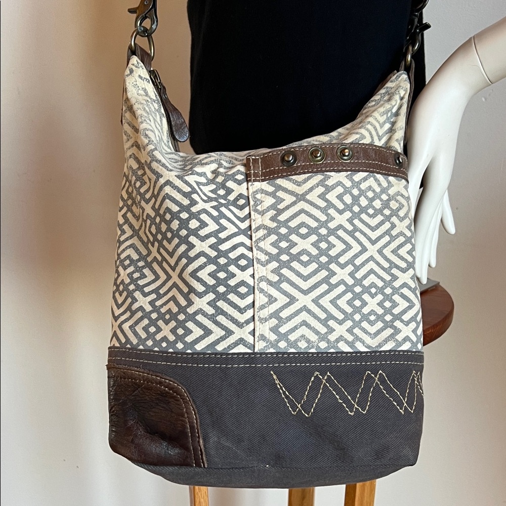 Myra Bag Tribal Pattern crossbody Bag - Cream and Brown with adjustable strap